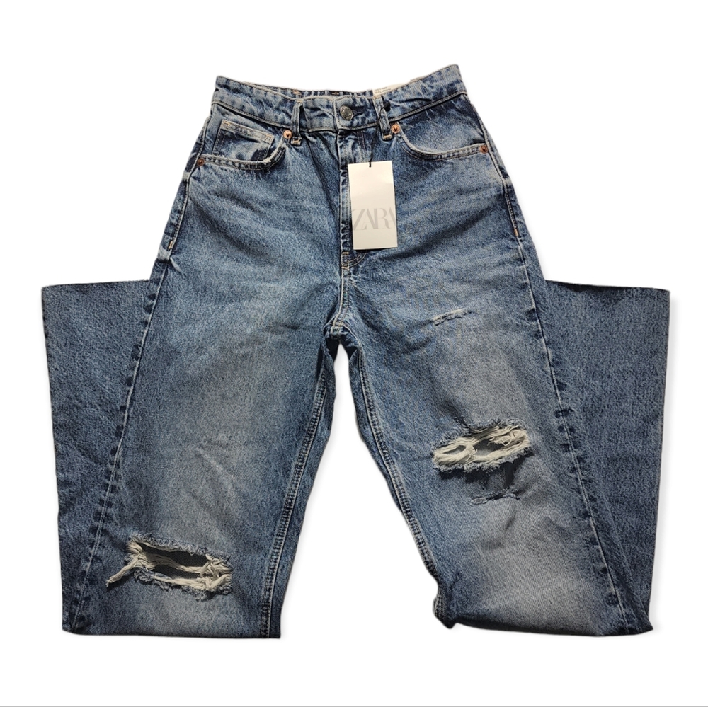 ZARA Jeans NWT Denim Wide Leg Distressed Ripped Leg Freyed Hem Sz 4 Length 34